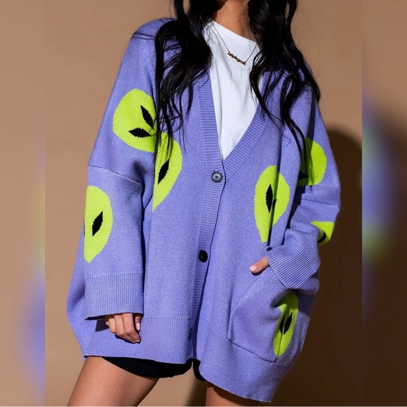 Dressed in LALA Sweaters - Too Cool For You Oversized Alien Cardigan in Lavender